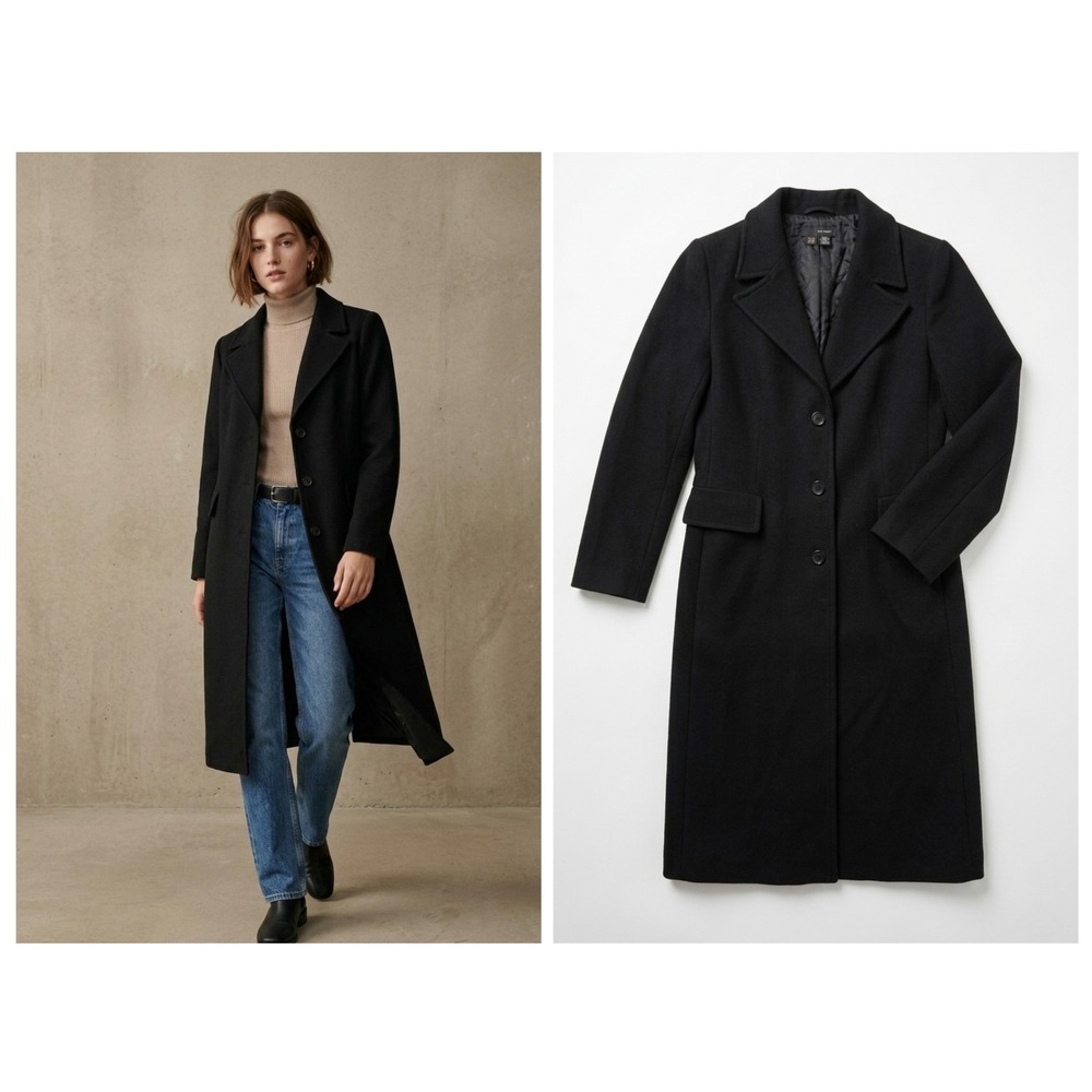 Zara Wool Blend Longline Coat Below‎ the Knee Womens 8 Black Tailored Fitted